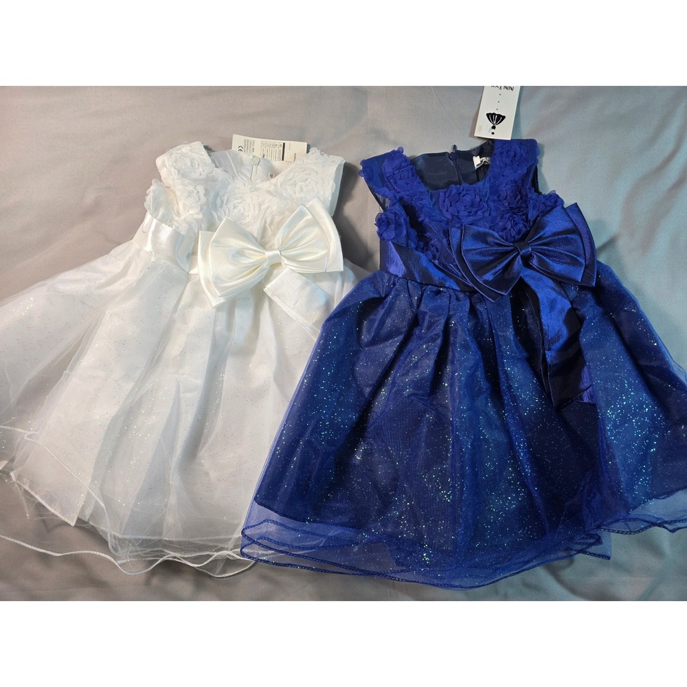 NNJXD Flower Girl Dress 7-12 Months White Blue Glitter Tulle Floral Bow 2pk NEW